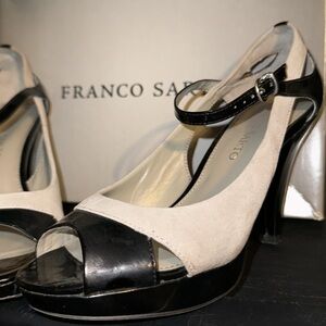 Women’s Size 6.5 Peep Toe Pumps 2011 Franco Sarto Heels Stone Black Dress Shoes